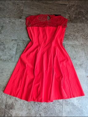 Elegant Red Midi Dress with Sheer Yoke